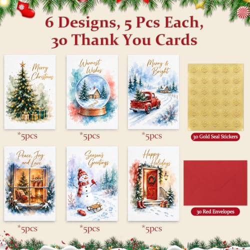 30 Pack Christmas Cards Assortment with Envelopes & Stickers - Holiday Holiday