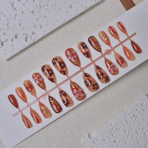 TEEKME Almond Press On Nails - Cozy Marbled Nude Pink & Caramel Floral Fake Nails