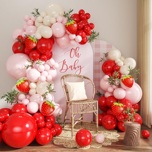 Strawberry Pink & Red Balloons Arch Kit for First Birthday Decor