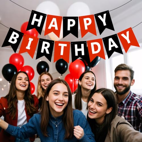 Black & Red Happy Birthday Banner Sign - Personalised Name Garland for Party Decorations