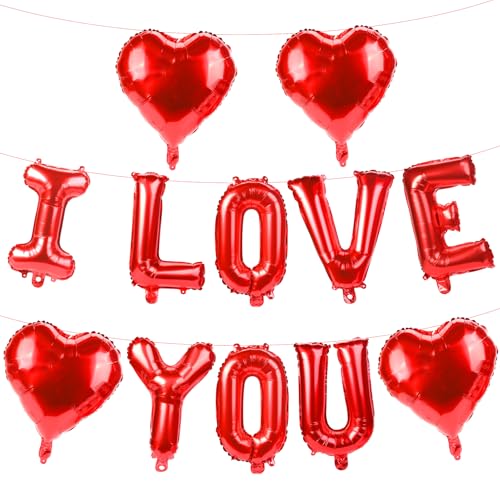 I Love You Balloons Set - 12 PCS Red Heart Foil Balloons for Valentine's Day