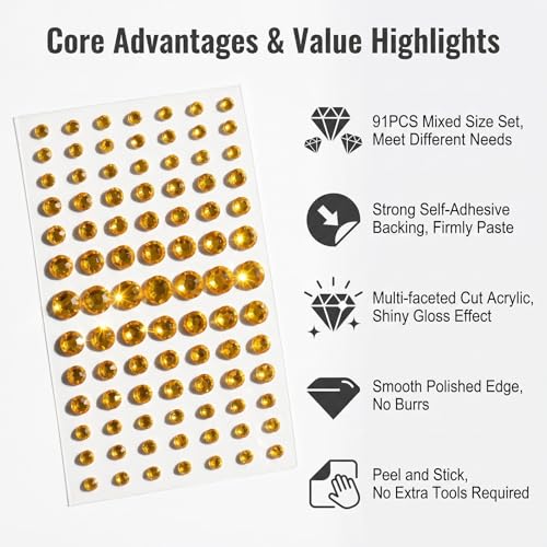 UPSTORE 91Pcs Self Adhesive Rhinestone Gems Stickers - Yellow Craft Crystals