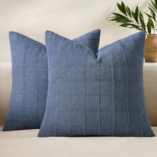 Set of 2 Blue Linen Plaid Throw Pillow Covers 18x18