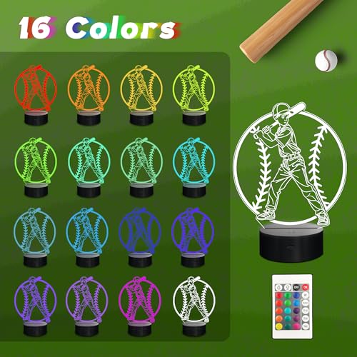 Baseball Boy Night Light - 3D LED Illusion Lamp with 16 Colors & Remote - Boy Player Variation