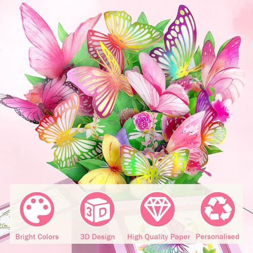 3D Pop Up Birthday Card for Women - Colorful Butterfly Garden Keepsake