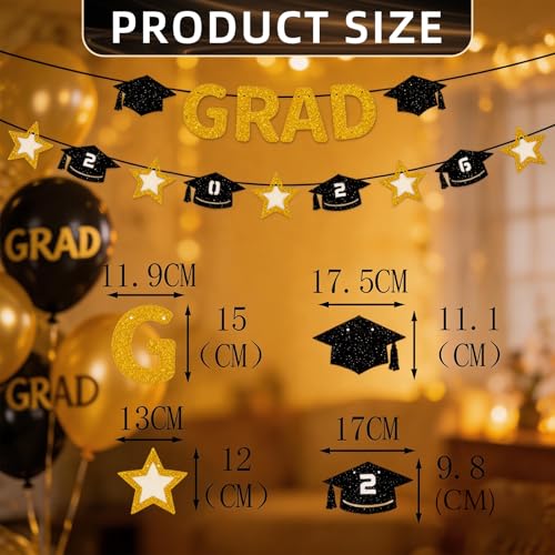 Class of 2026 Graduation Banner Set - Black & Gold Glitter Decor