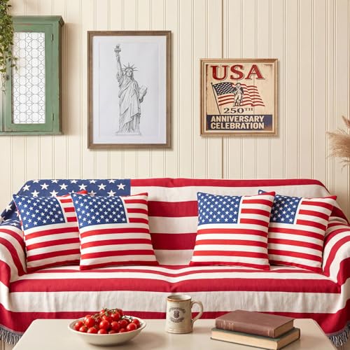 4th of July Patriotic Throw Pillow Cover - 18x18 Inch Tufted Flag Design
