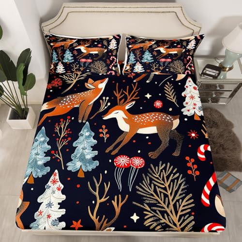 Feelyou Botanical Deer Sheet Set Full Size - Blue & Brown 4PCS Kids Bedding