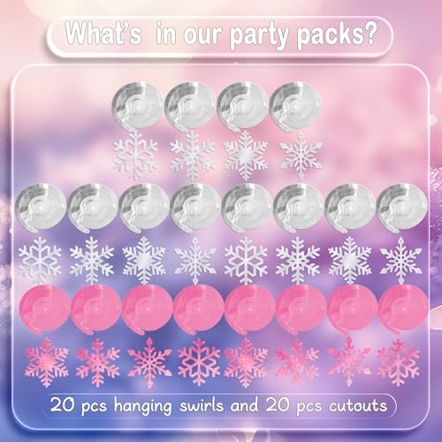 20Pcs Winter Snowflake Hanging Swirl Decorations - Pink Silver Snowflakes for Christmas Winter Wonderland Party - Variation of Snowflake Pink Silver