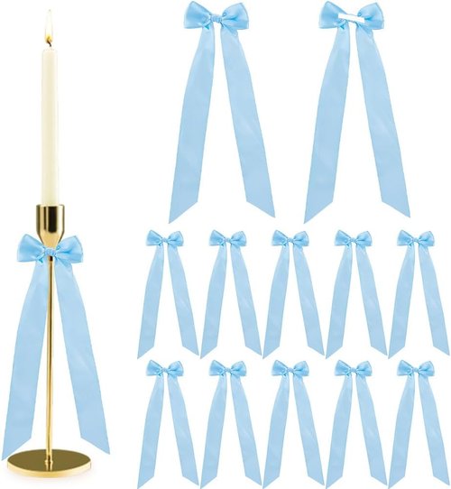 DICOSMETIC 12Pcs Bow Candlestick Decor - Sky Blue Polyester Bowknots for Christmas & Weddings