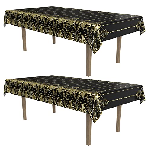 Beistle 2-Count Great 1920s Tablecover, Art Deco Decor & Table Decorations for Party, Hollywood Decor, Plastic Black & Gold Plastic Cover, 54" x 108"