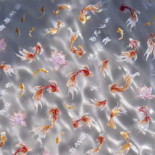 5D Embossed Goldfish Nail Stickers Sparkly Koi Fish Nail Art Decals