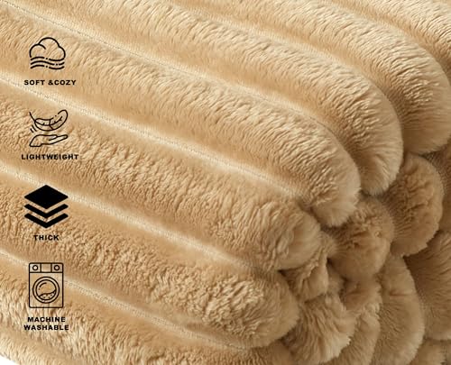 COZYXWORLD 380GSM Heavyweight Ribbed Fleece Throw Blanket, Beige 50x60
