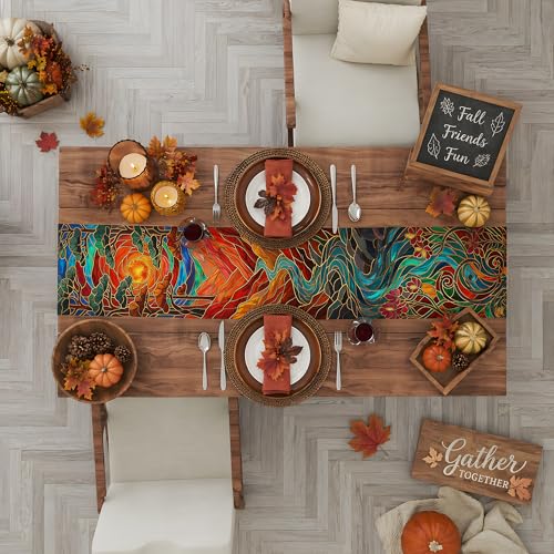 OHOME Fall Flower Stained Glass Table Runner - 73x13.8in Autumn Decor
