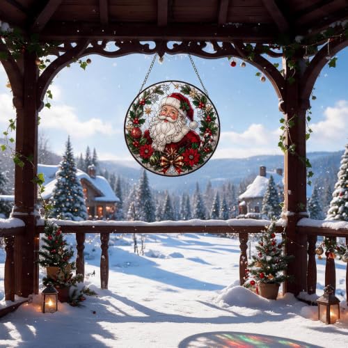 Christmas Santa Claus Stained Glass Suncatcher for Window Hanging - Red Santa, 7.9"