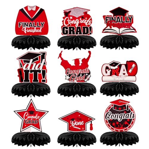 9pcs Graduation Honeycomb Centerpieces Red and Black Table Toppers