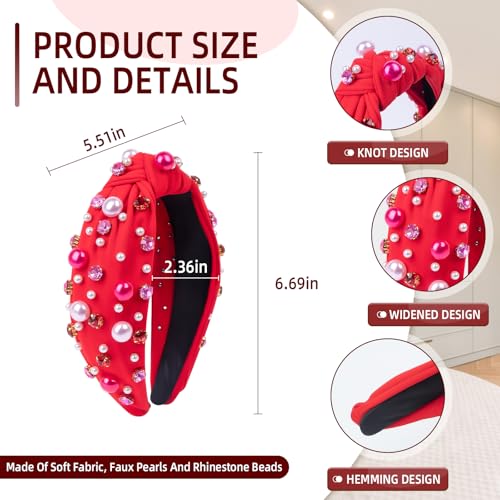 BLAAROOM Red Knotted Pearl & Rhinestone Headband for Women