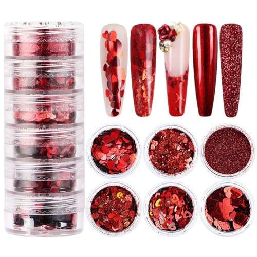 Red Holographic Heart Nail Art Glitter Sequins 6-Box Kit