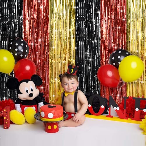 TONIFUL Metallic Foil Fringe Curtains - 2 Pack Black Red Gold Party Backdrop