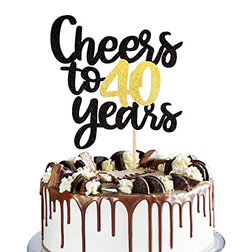 Cheers to 40 Years Cake Topper - Black & Gold Glitter Decoration