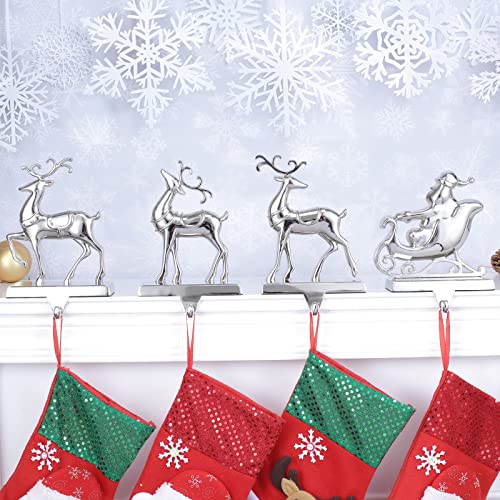 Christmas Stocking Holders Set of 4 - Reindeer & Sleigh Design for Fireplace Mantel