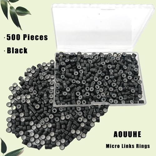 Aouuhe 500 Pcs Silicone Lined Micro Link Rings Beads for Hair Extensions 5mm Black