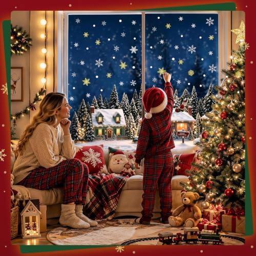 Christmas Village Window Clings - Snowy Holiday Scene, Large 27.6 x 15.8 Inches, Reusable Snowy Village Decal - Variation of Christmas Village
