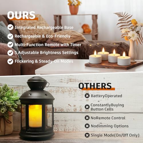 Rechargeable Flameless Tea Lights with Charging Base Remote & Timer 12-Pack