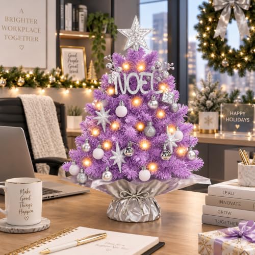 Purple Mini Christmas Tree with Lights - Small Artificial Holiday Decor