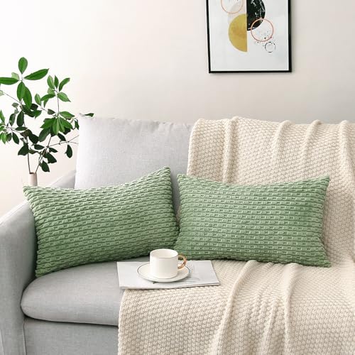 Gujiahone Pack of 2 Sage Green Corduroy Decorative Pillow Covers 12x20 Inches