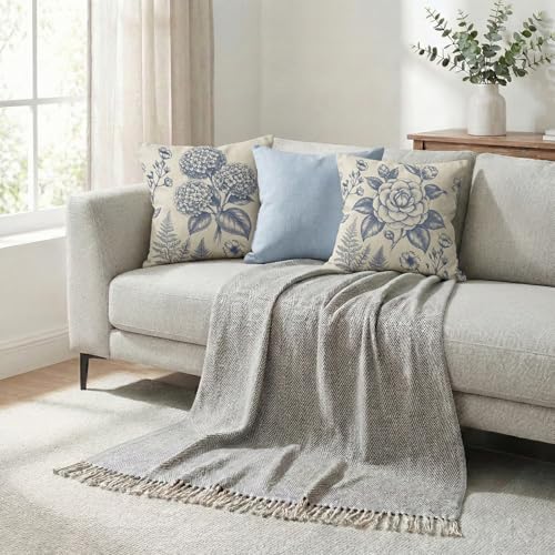 Vintage Blue Floral Throw Pillow Covers - Set of 2, 18x18 Inch