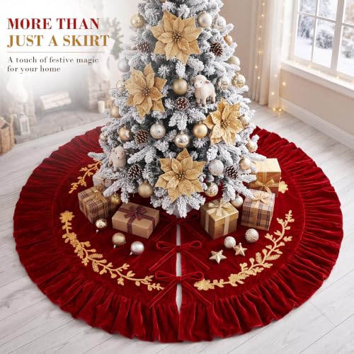 84 Inch Burgundy Velvet Christmas Tree Skirt with Gold Embroidery - Xmas Decoration