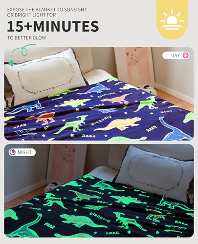 Glow in The Dark Dinosaur Blanket for Kids - Soft Cozy Throw, 60"x80"