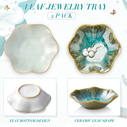 Meekoo Lotus Leaf Ceramic Jewelry Dish - Green Ring Holder Tray (2 Pack)