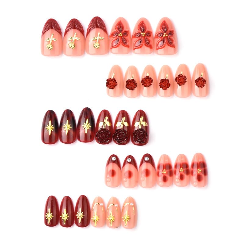 Valentines Press On Nails Medium Almond False Nails Rose Design 30Pcs