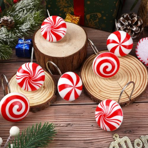 Candy Shower Curtain Hooks - Christmas Peppermint Red White Set of 12