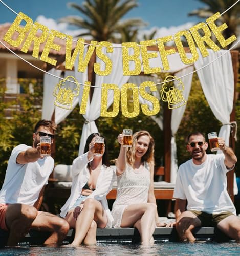 Brews Before I Dos Beer Themed Party Banner - Gold Glitter