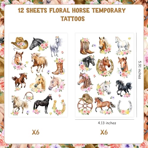 Serencatcher Floral Horse Temporary Tattoos - 12 Sheets Western Party Favors