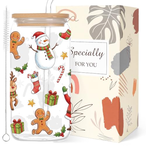Christmas Glass Cups with Lid and Straw Set - Xmas Holiday Gift, 347 Variation
