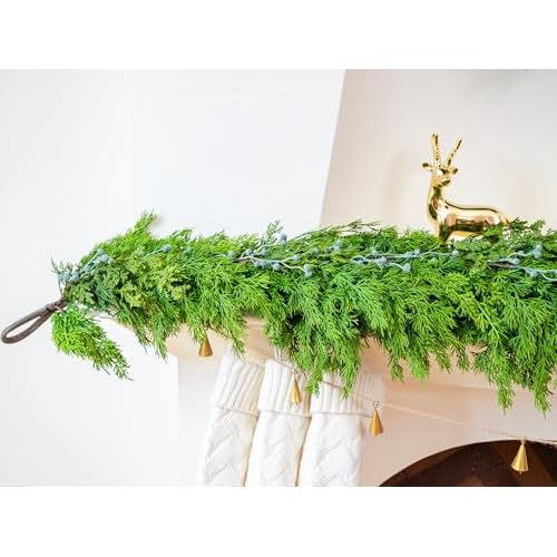 6FT Cedar Garland with Blue Berry Cypress Pine Garland Realistic for Mantle Stairs Fireplace Wall Window Front Door Indoor Outdoor Christmas Decor Xmas Decorations