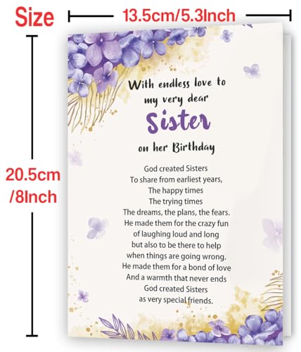 Birthday Card for Sister - Elegant Greeting Card with Envelope, 8x5.3 Inches