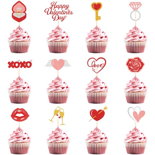 48 Pcs Valentine's Day Cupcake Toppers - Glitter Heart Picks
