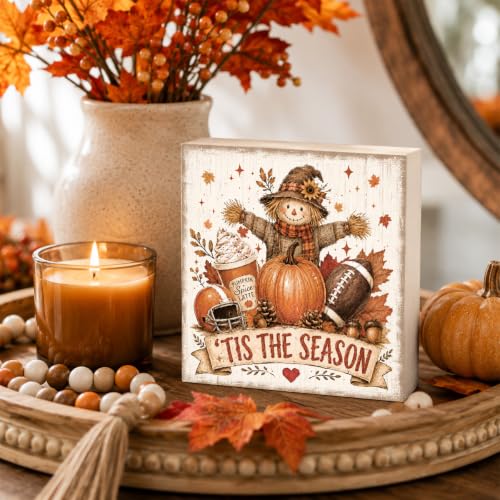 Fall Football Pumpkin Wood Sign, 5x5 Inch Autumn Shelf Decor (FALL81)