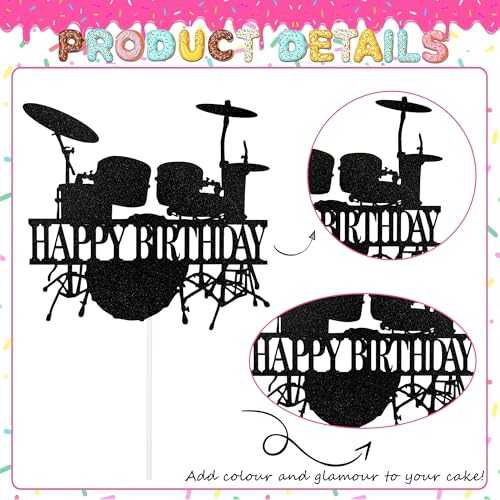 Music Theme Birthday Cake Topper - Black Glitter Drum Decoration
