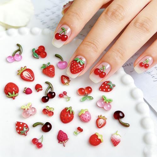 Tephrent 150pcs 3D Strawberry and Cherry Resin Nail Charms Flatback Rhinestones