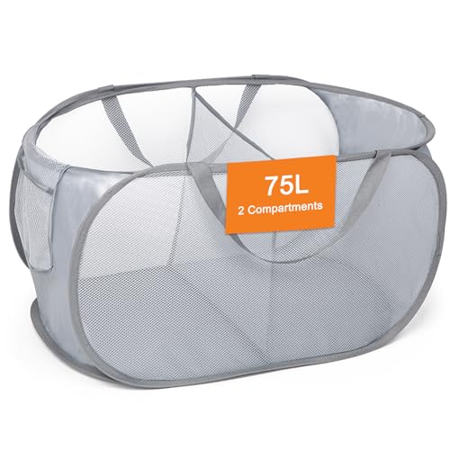 Bemkoo 2 Compartments Collapsible Laundry Basket - Grey, Foldable & Durable for Dorm & Travel