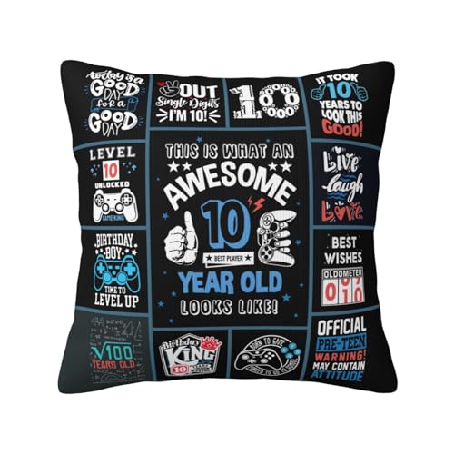10th Birthday Gift for Boy 18x18 Inch Throw Pillow Cover, Black Design
