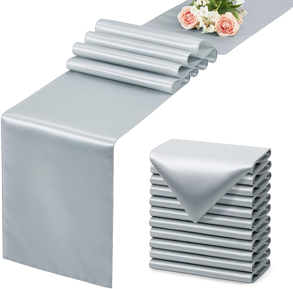 Silver Table Runner by [Brand Name] - 12 Pack, 12x108 Inches, Satin Silk-Like Smooth Decor for Weddings & Parties
