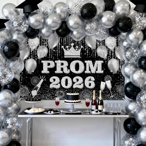 Prom 2026 Backdrop Banner - Black & Gold Graduation Party Decor 6x3.6ft