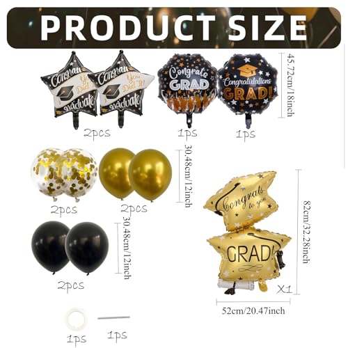 11-Piece 2026 Graduation Balloon Bouquet Set Black and Gold Party Decor